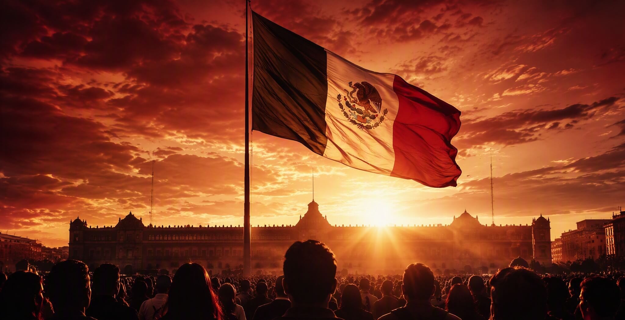 Bandera monumental de México ondeando sobre Palacio Nacional al amanecer, con una multitud vista de espaldas